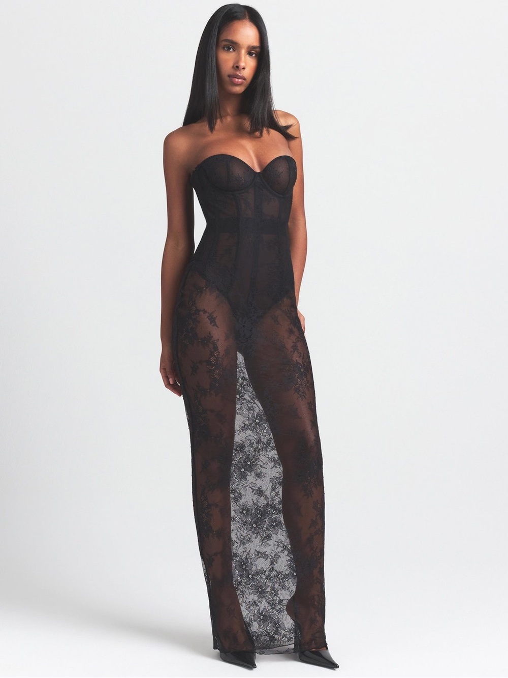 NWT Skims Ultra Fine Lace Strapless Corset Long Dress Black Size M